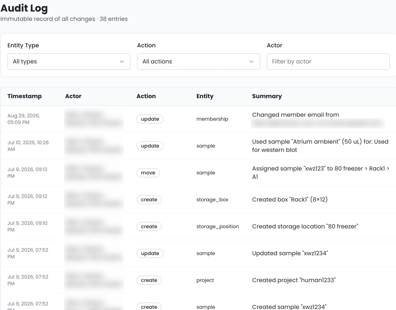 Audit log: immutable record of every create, update and move