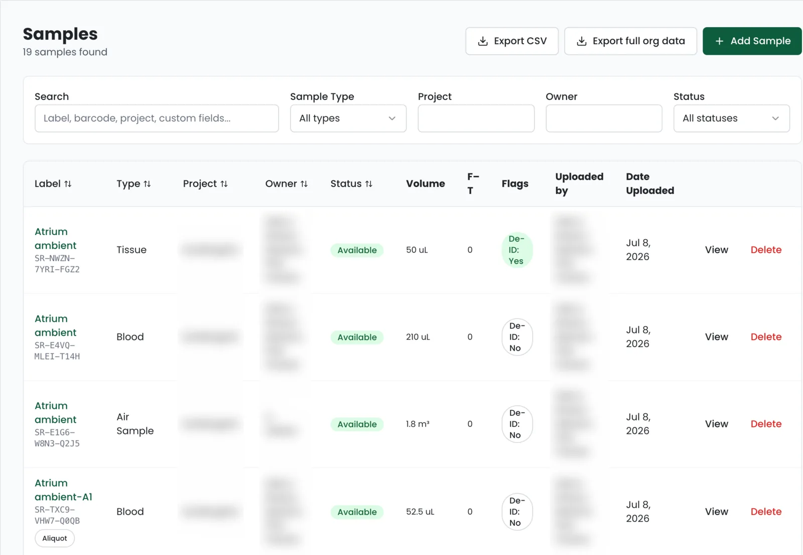 Samples list with barcodes, status, volume, freeze–thaw count and export